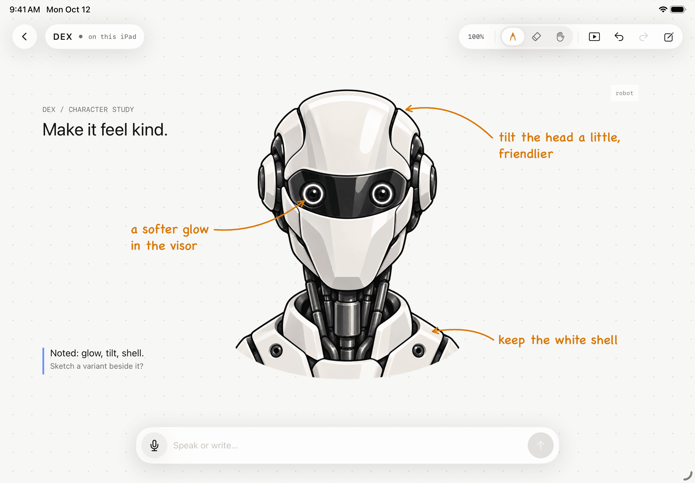 The DEX Zero board on iPad: a robot illustration titled “Make it feel kind,” three amber notes about its visor, head and shell, and a blue agent-style note that answers them.